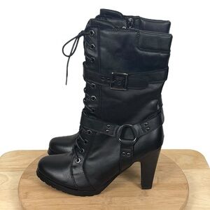 NWOT Xelement Black Leather High Heel Motorcycle Boots with Buckle Size 10
